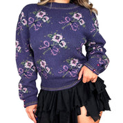 Vintage Hand-Knit Wool Bouquet Sweater (S)