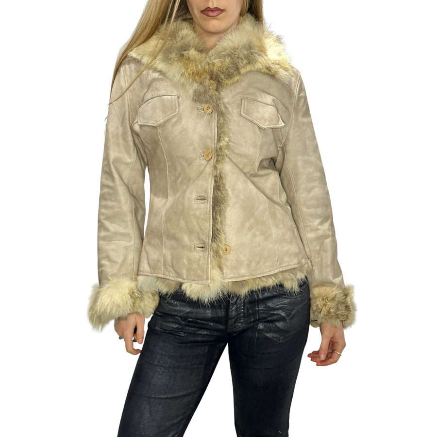Vintage Italian Fur Trim Leather Jacket (S/M)