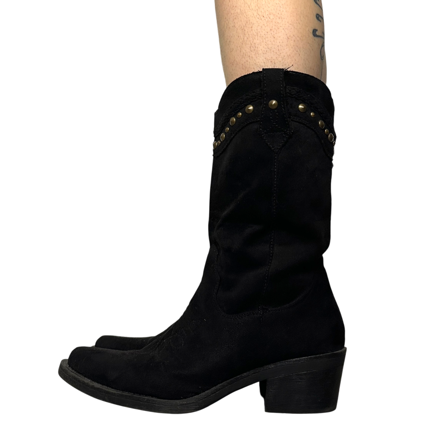 Vintage Stud Grunge Black Suede feel Cowboy Boots (US 8)