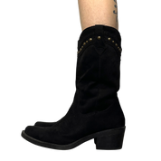 Vintage Stud Grunge Black Suede feel Cowboy Boots (US 8)