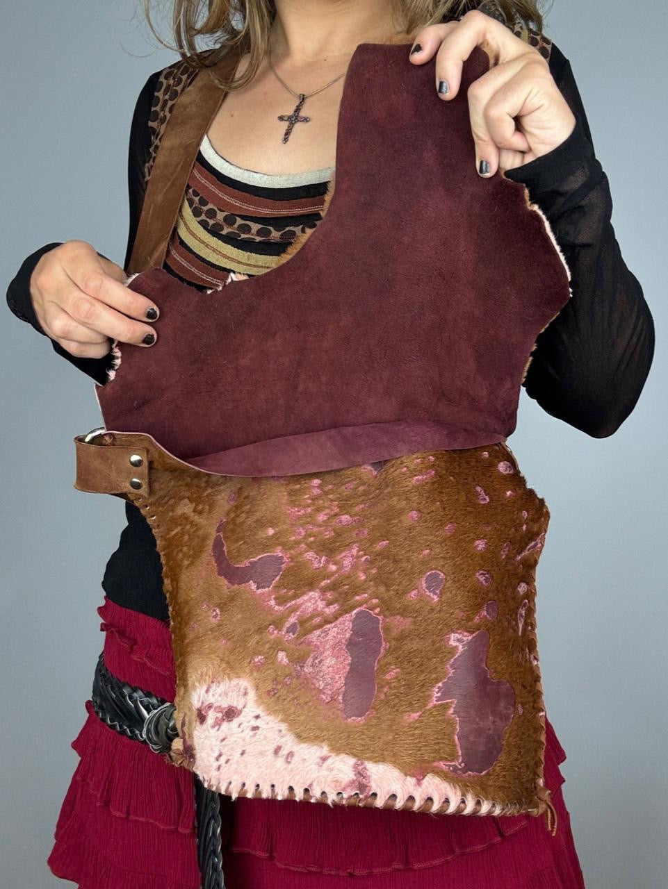 Brown & Burgundy Raw Leather Cowhide Satchel Bag