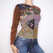 Y2K Boho Patchwork Long Sleeve Top (S)