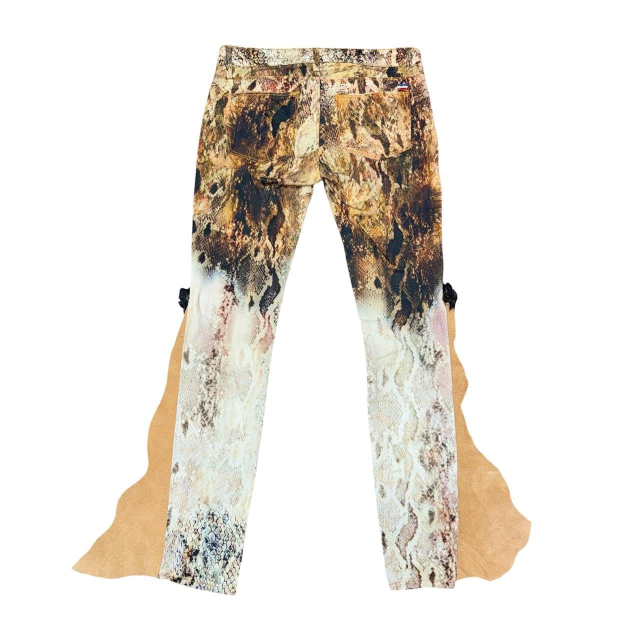 Raw Leather Hem Snakeskin Flare Jeans (XS)