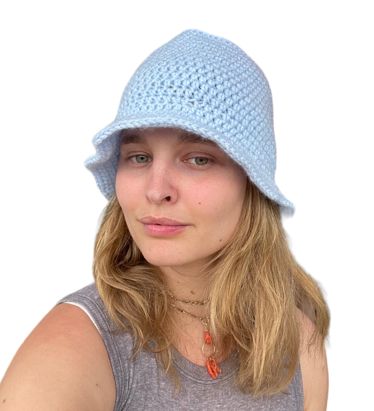 Hand Knit Bucket Hat in Blue Cotton, Handmade with Love!