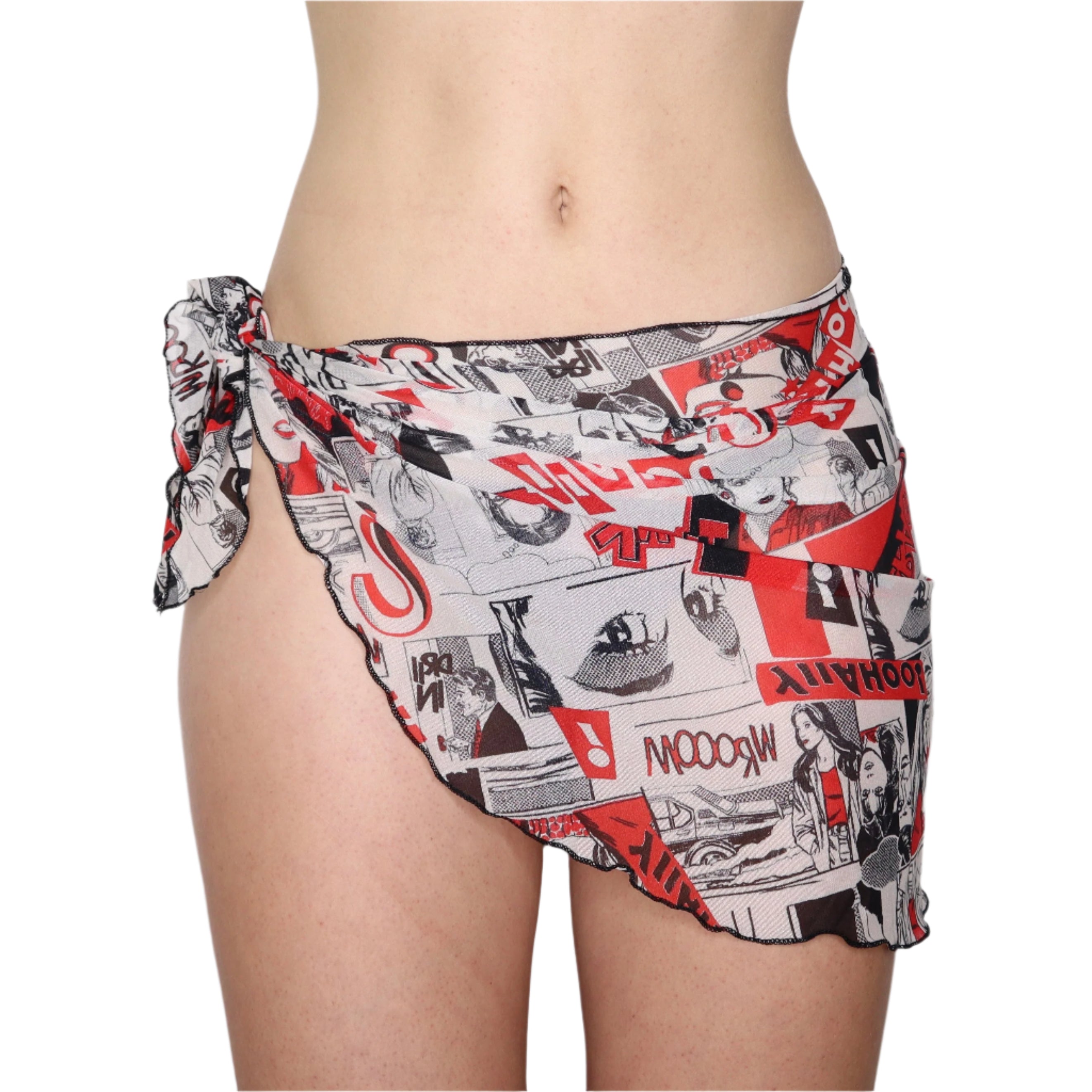 Y2K Comic Print Mesh Sarong Wrap Skirt (S)