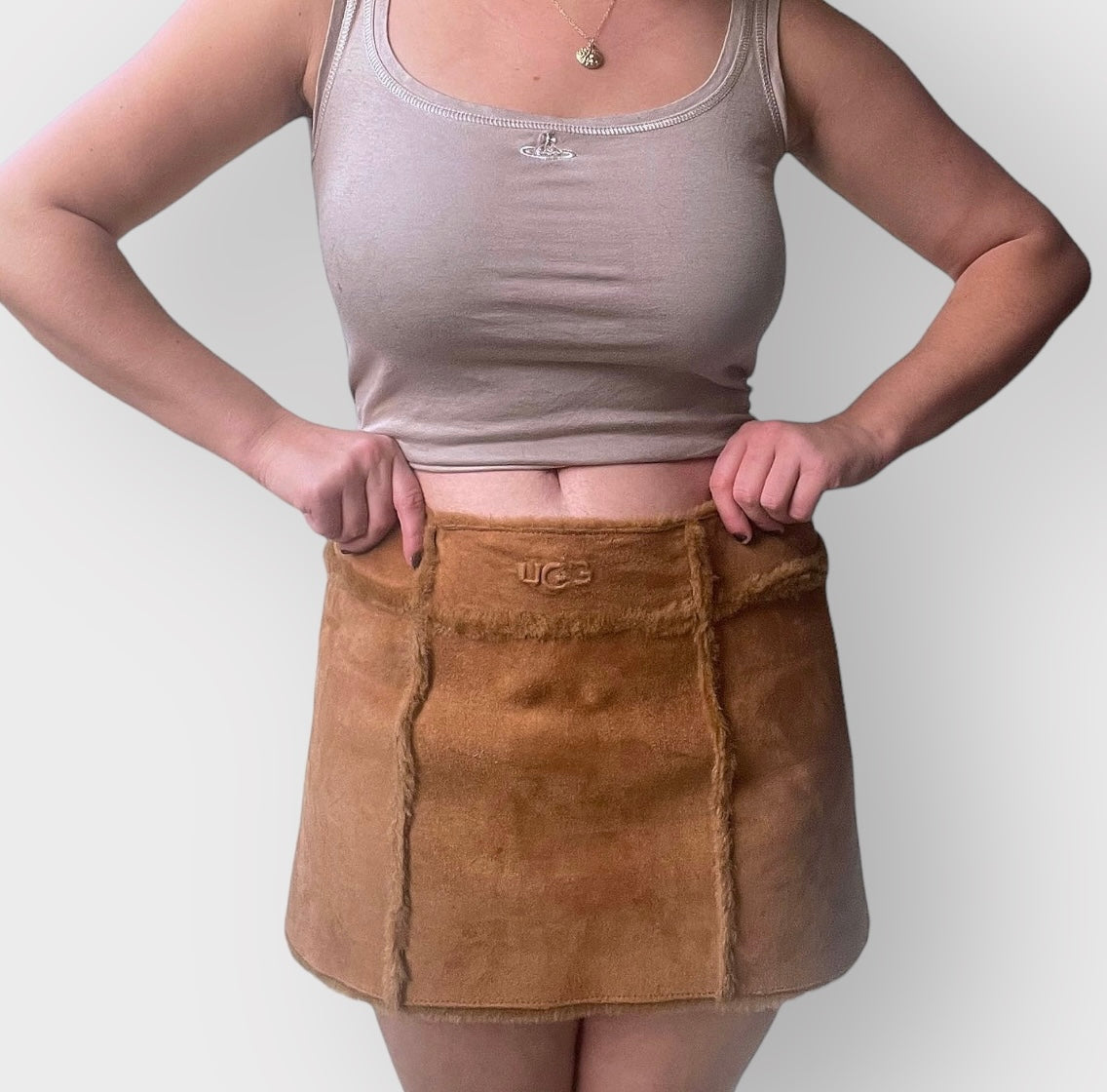 2000s UGG Brown Suede and Shearling Mini Skirt, Mid-Rise (M)