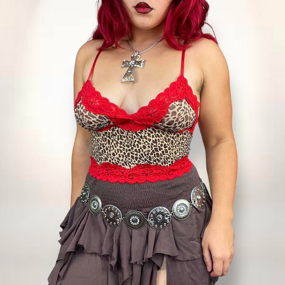 Y2K Mesh Leopard Lace Trim Cami (S/M)