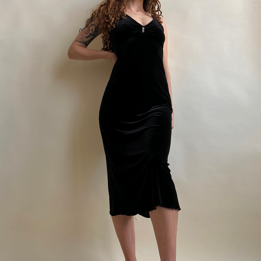 Vintage black velvet midi dress (L)