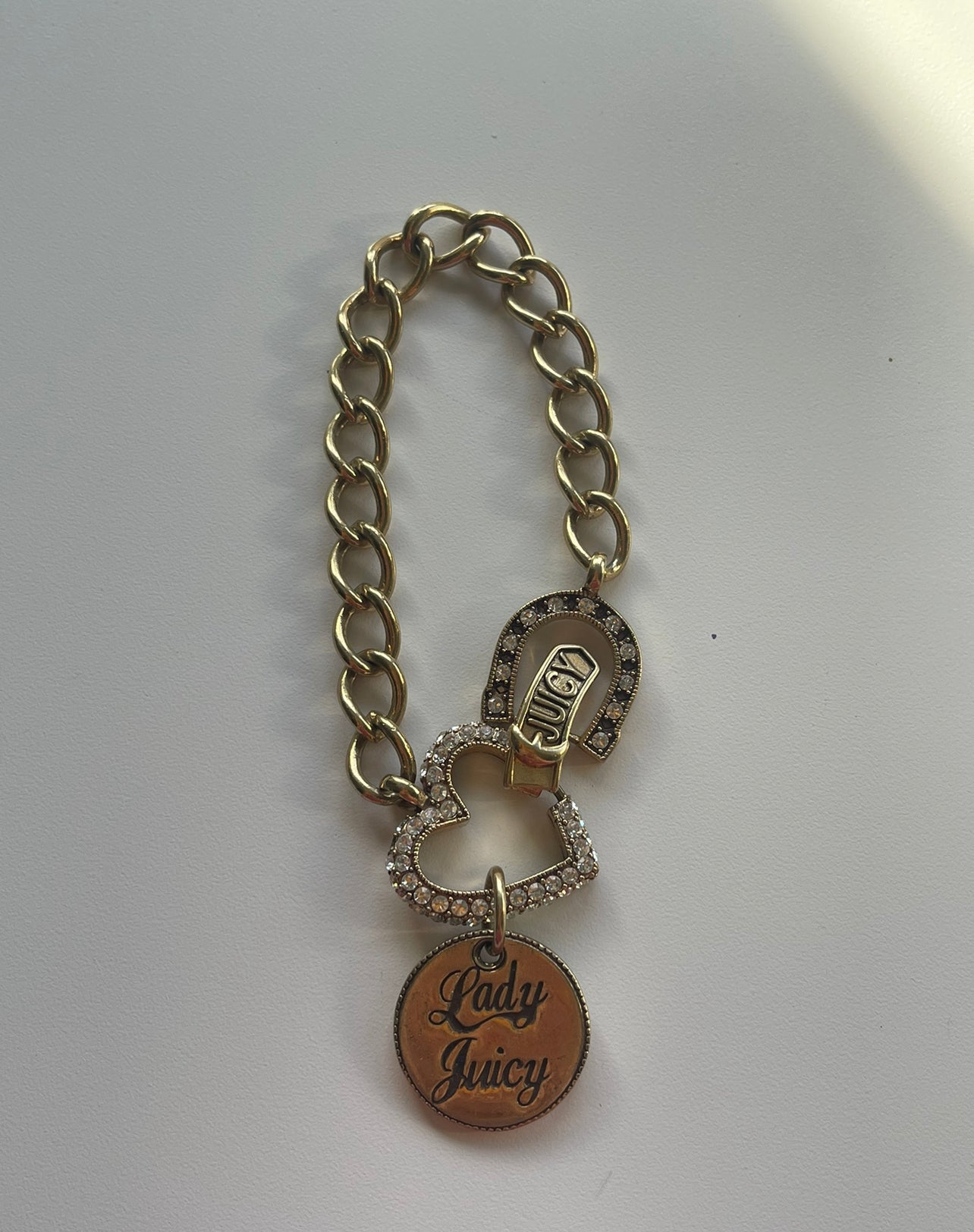 2000s Juicy Couture Gold Chain Bracelet with Rhinestone Heart & Horseshoe, Dangling Charm