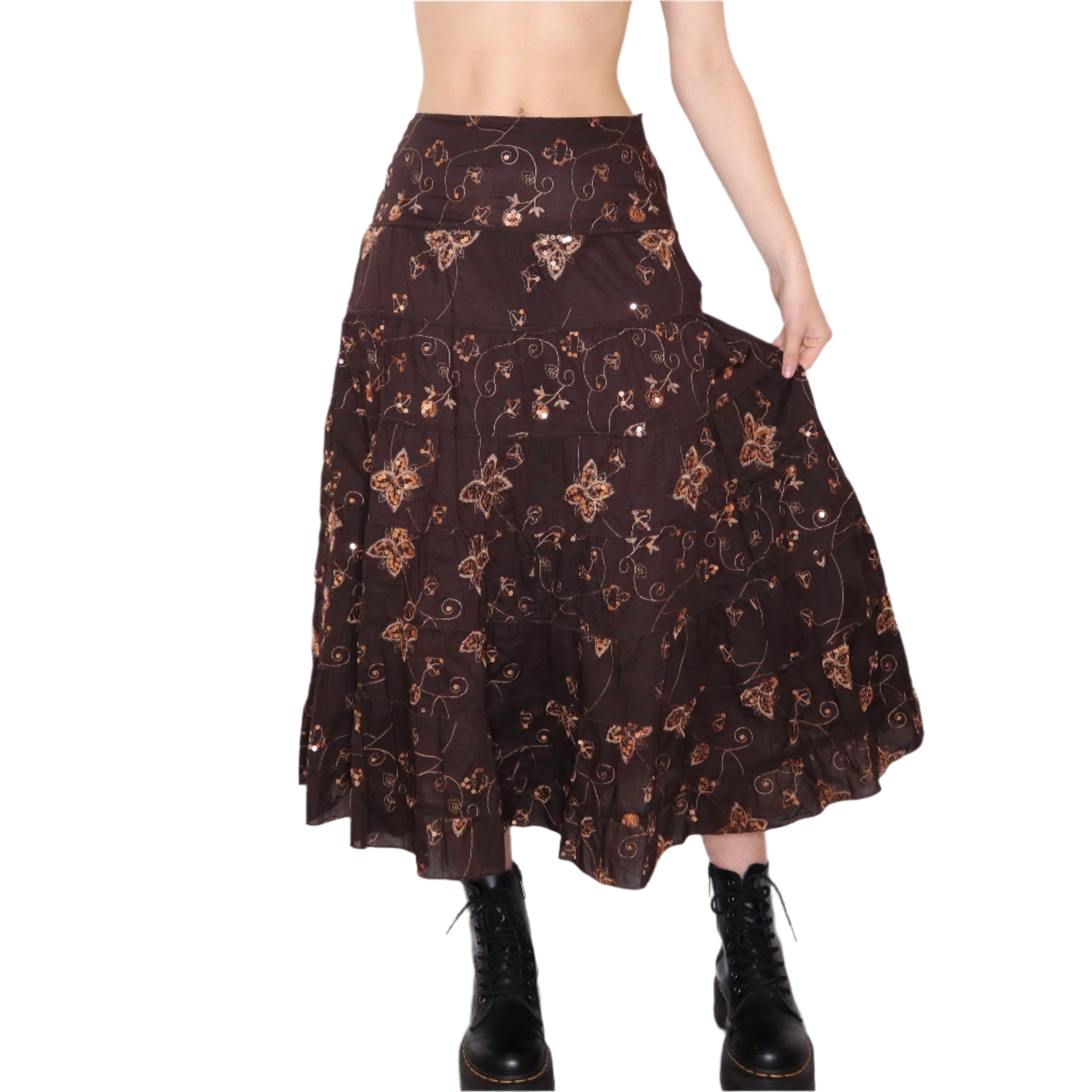 Y2K Brown Sequin Tiered Maxi Skirt (S)