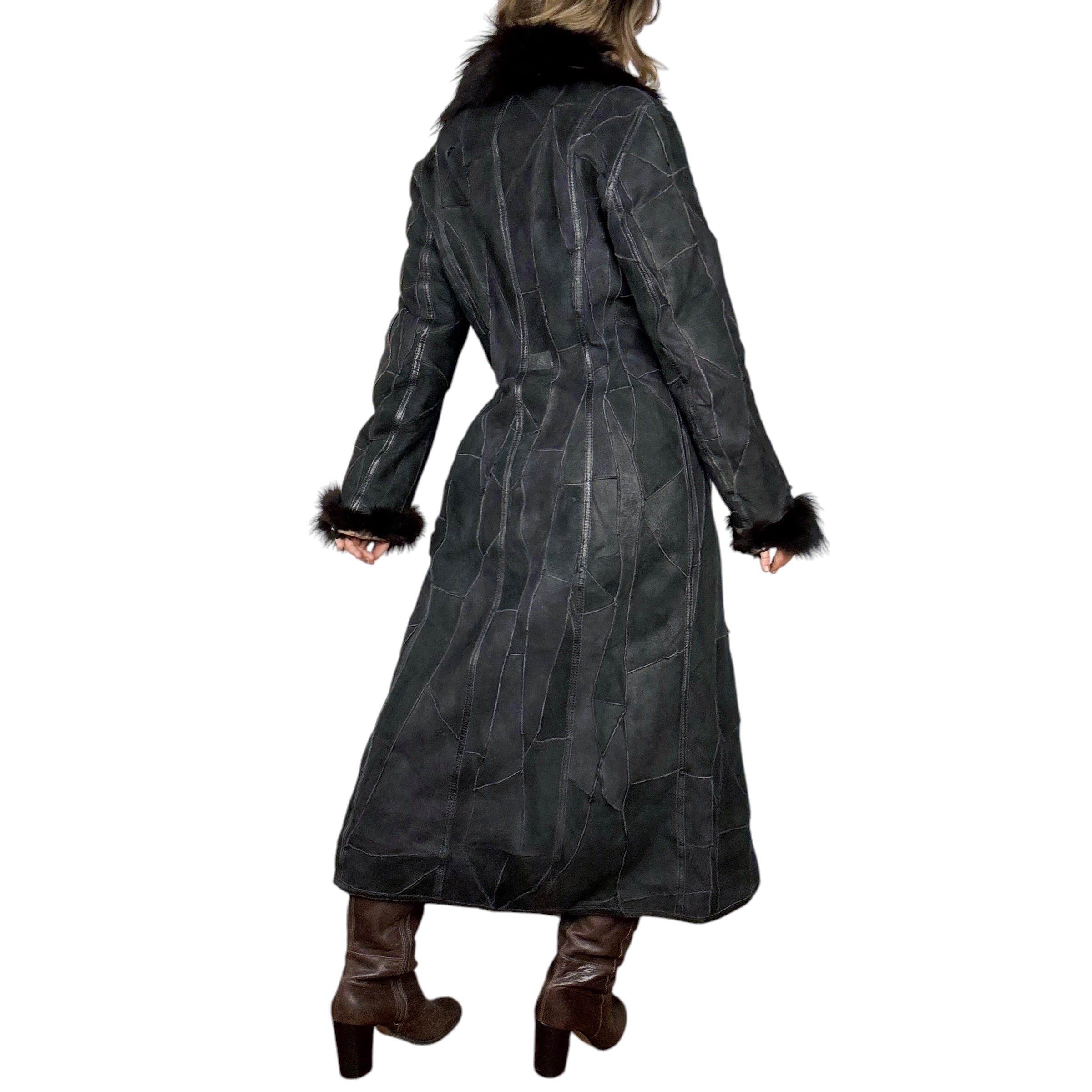 Parisian Vintage Fur Trim Suede Leather Patchwork Coat (M/L)