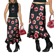 2000s Floral Satin Midi Skirt (M)