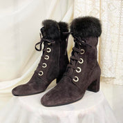 Fur Trim Suede Lace Up Boots (10.5)