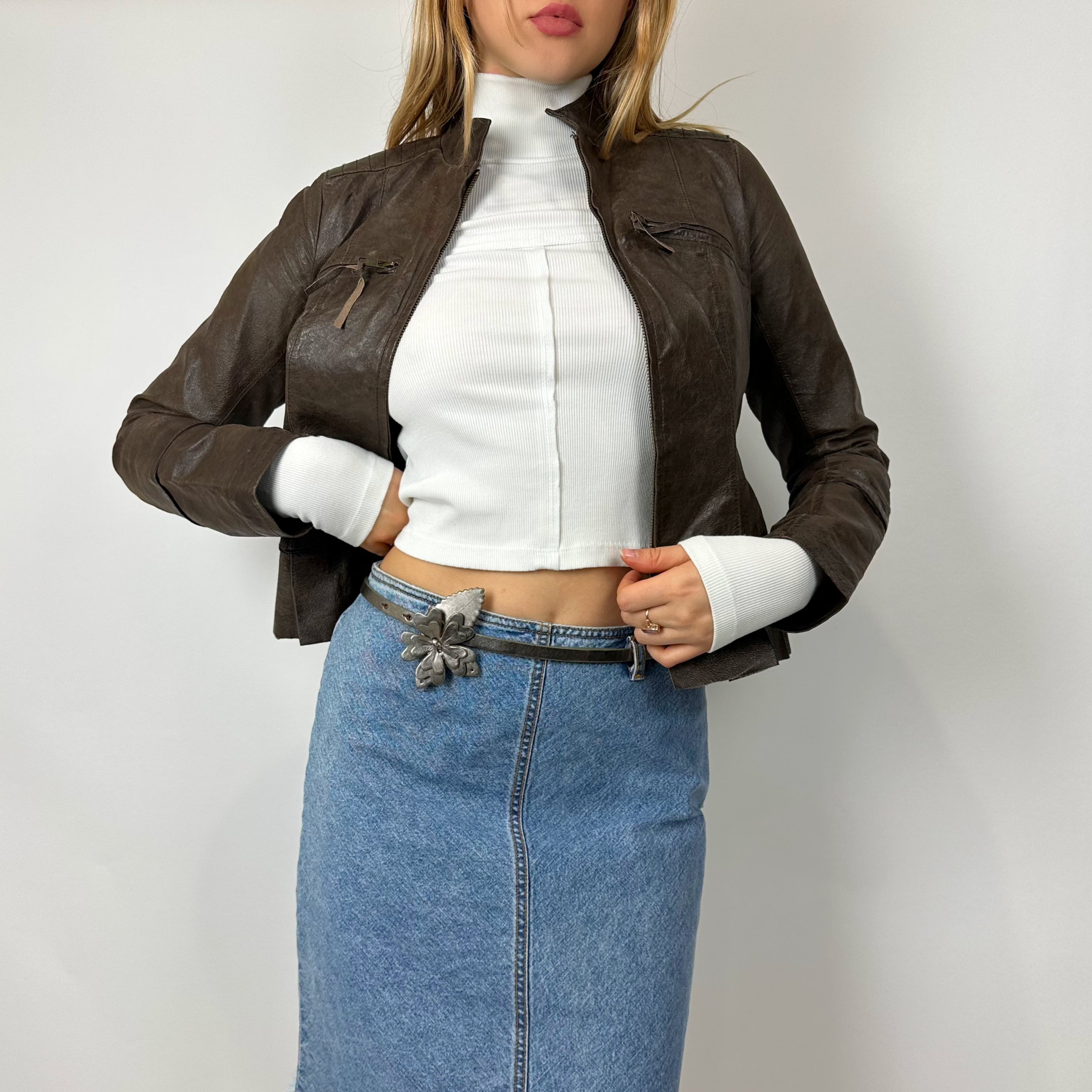 Vintage Brown Fitted Leather Jacket (XS/S)
