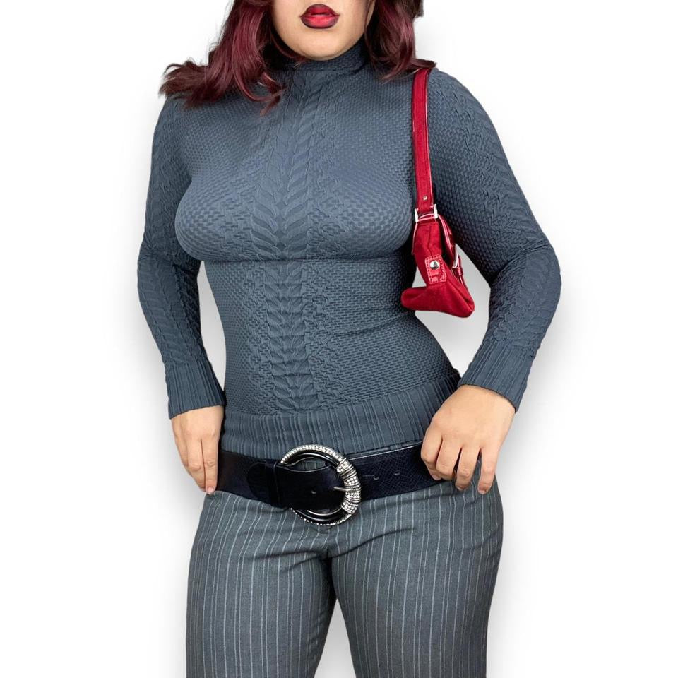 2000s Stretchy Slate Grey Turtleneck Top (S)