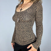 Morgan De Toi Leopard Print Open Back Scoop Neck Long Sleeve Top (XS)