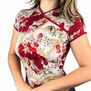 Y2K Slinky Floral Asian Inspired Top (M)