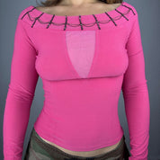 Pink Mesh Cutout Neckline Beaded Boatneck Long Sleeve (S)