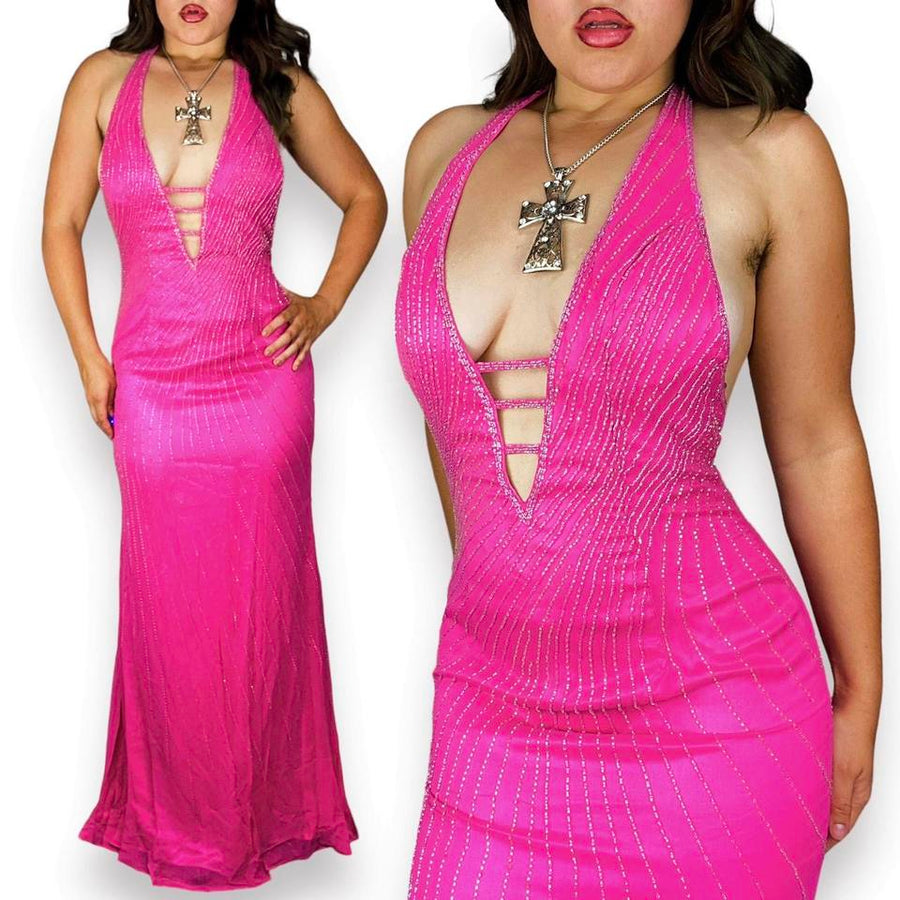 Y2K Beaded Silk Backless Halter Gown (M)