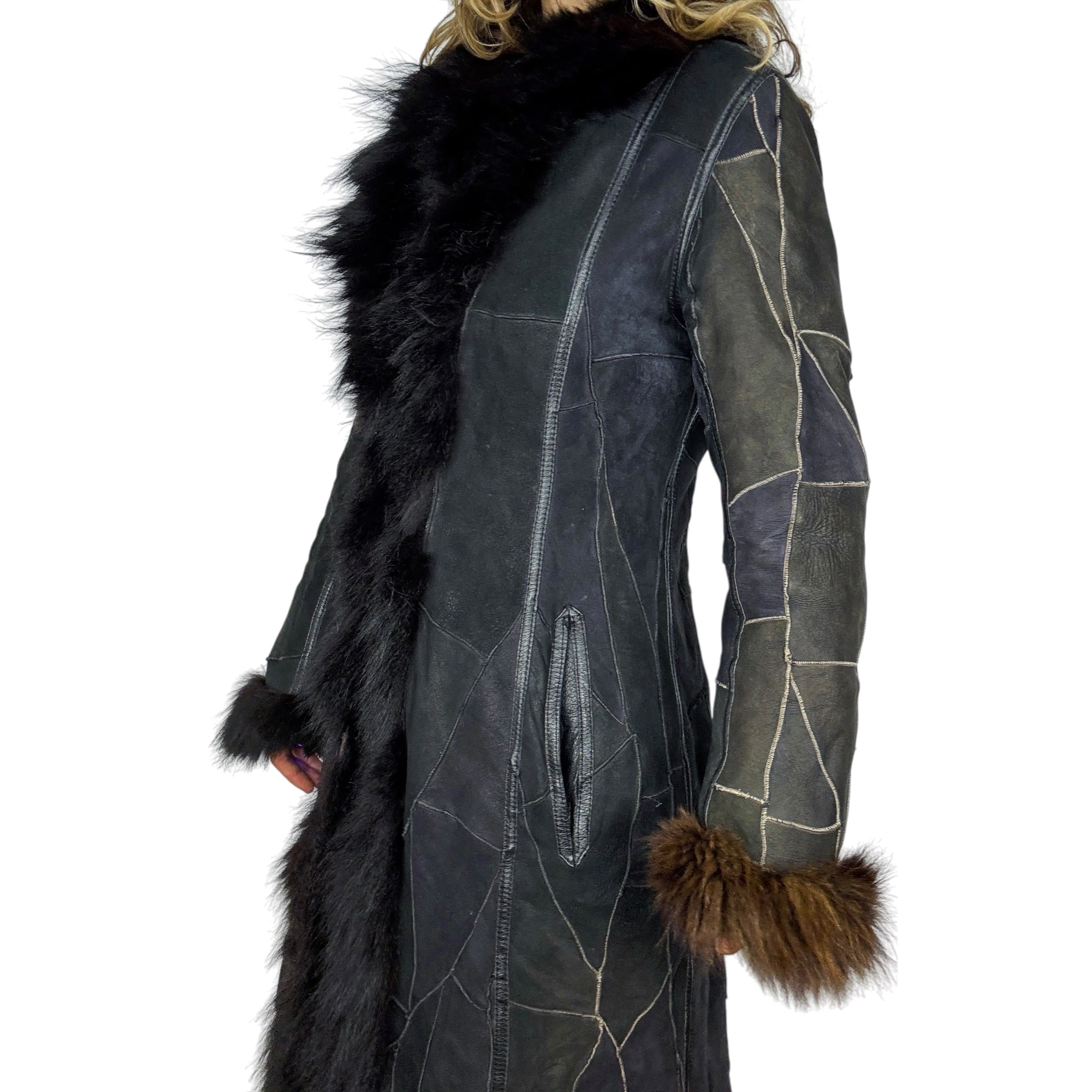 Parisian Vintage Fur Trim Suede Leather Patchwork Coat (M/L)