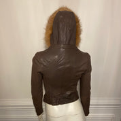 Fitted Brown Leather Jacket with Fur Hood (XS)
