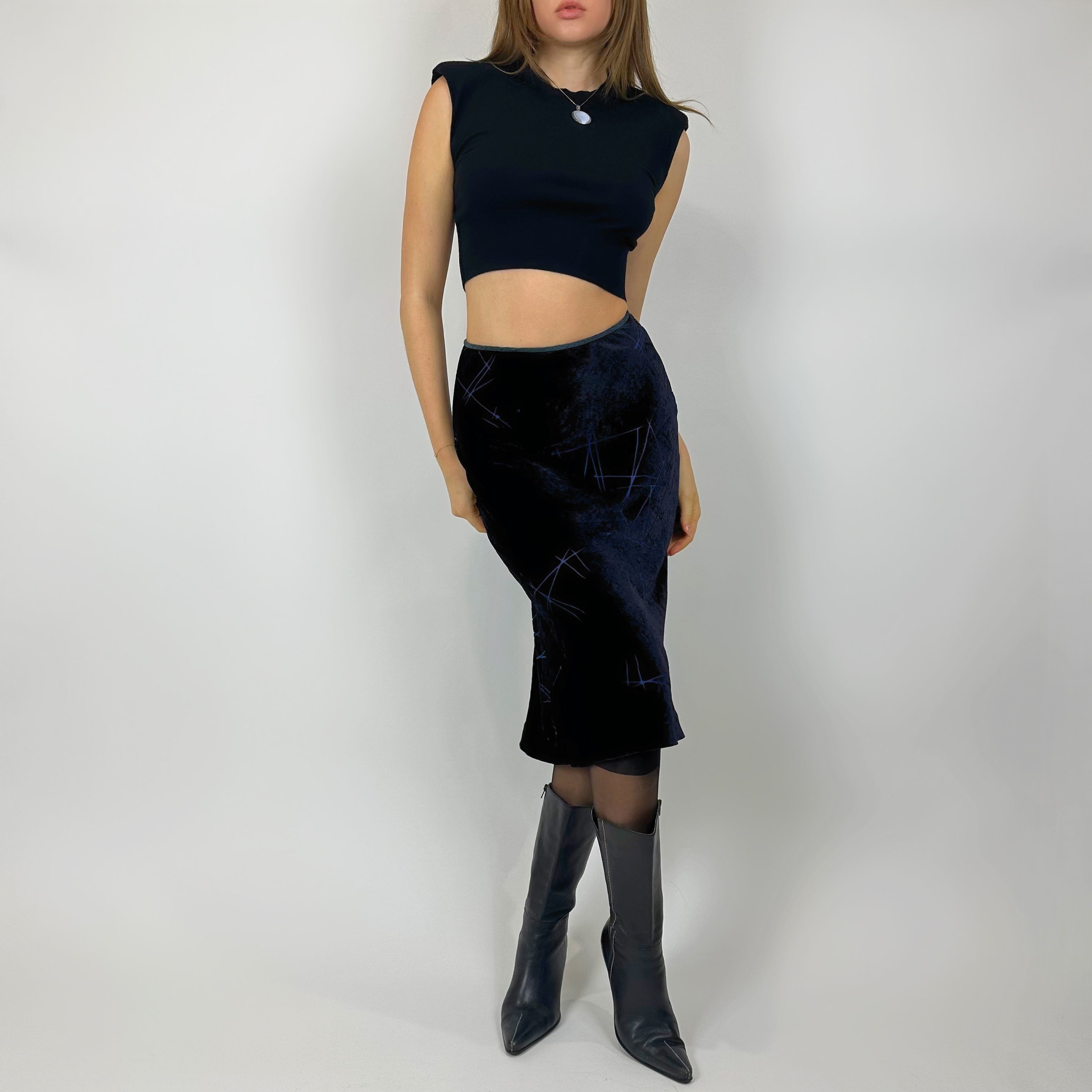 Vintage Deep Blue Velvet Midi Skirt (xs)