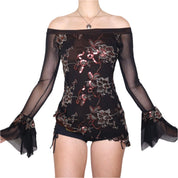 Y2K Italian Sequin Mesh Off the Shoulder Top (M)