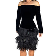 Feather Trim Velvet Off The Shoulder Dress (S)