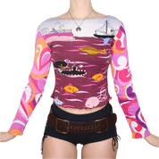 Y2K Colorful Ocean Graphic Long Sleeve Top (S/M)