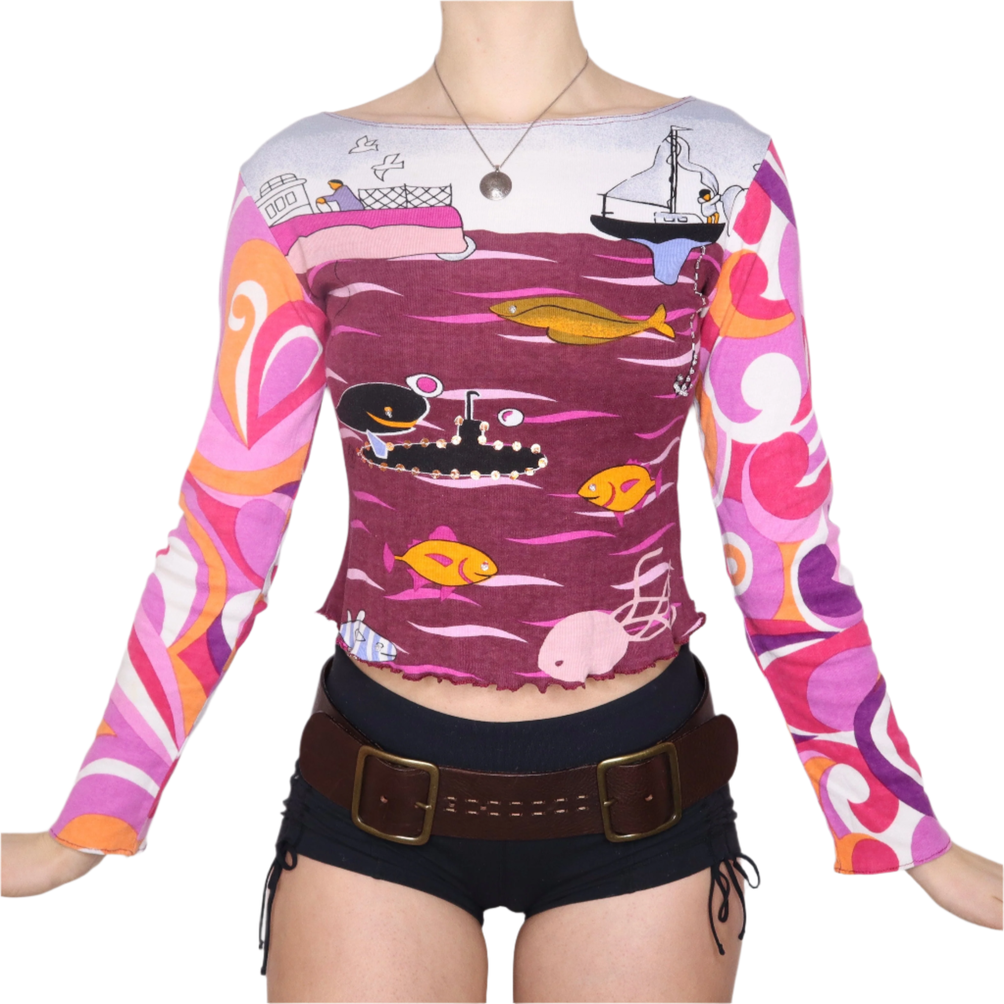 Y2K Colorful Ocean Graphic Long Sleeve Top (S/M)