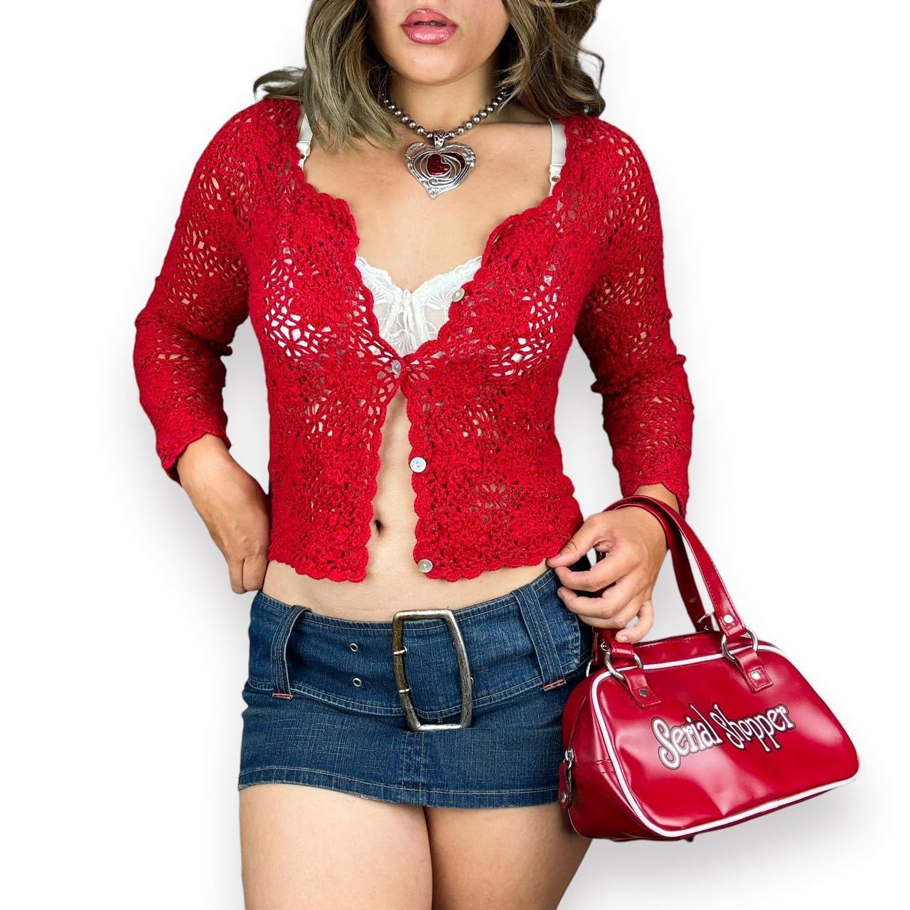 2000s Cherry Red Crochet Cardigan (M)