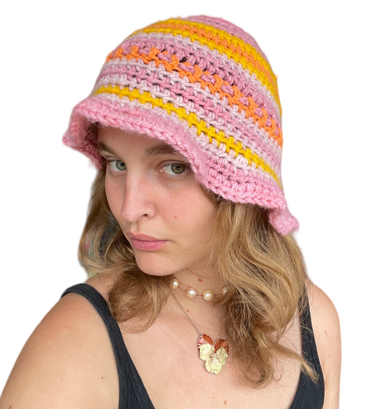 Hand Knit Bucket Hat in Sunset Pink & Orange, Handmade with Love!