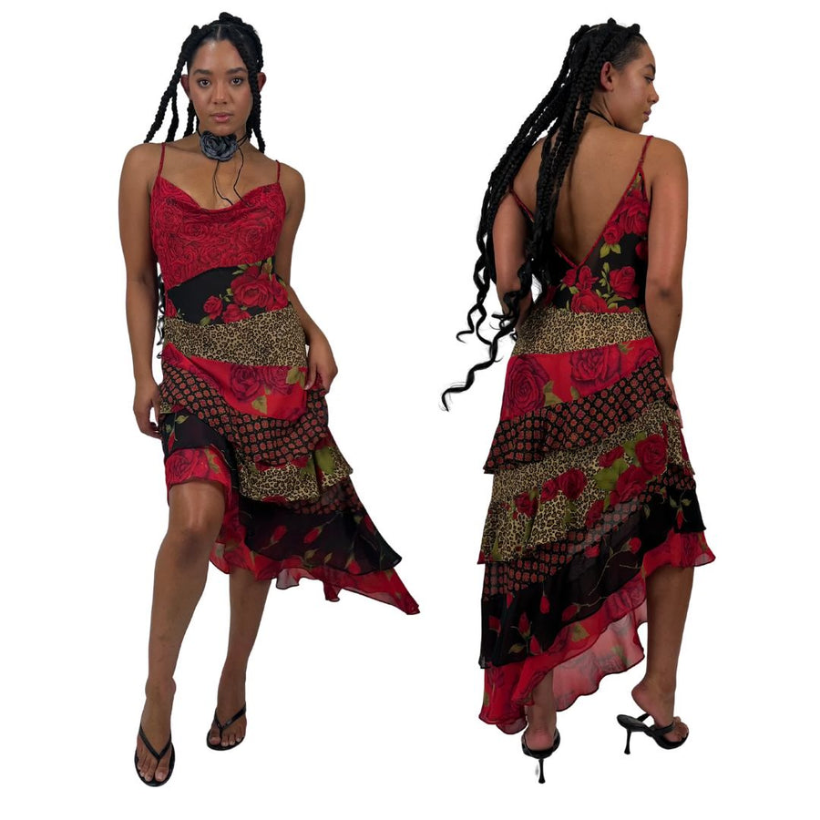 2002 VS Rose & Leopard Print Flutter Maxi Dress (M/L)