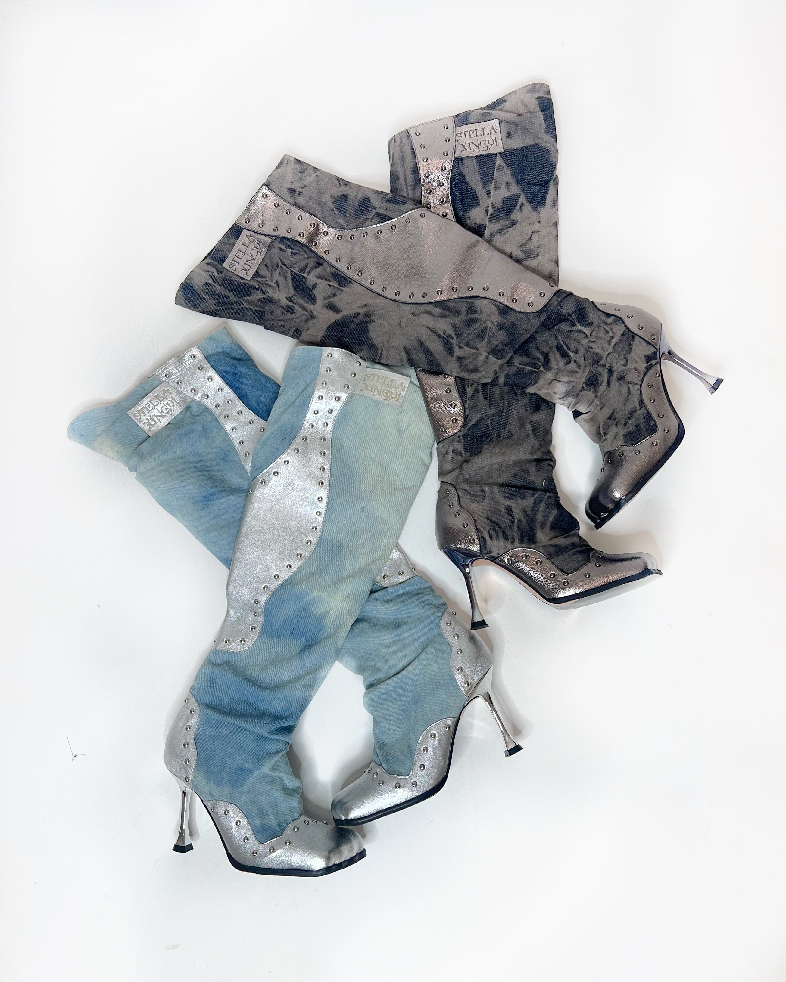 Silver Dusk Denim Knee High Boots (5-15)