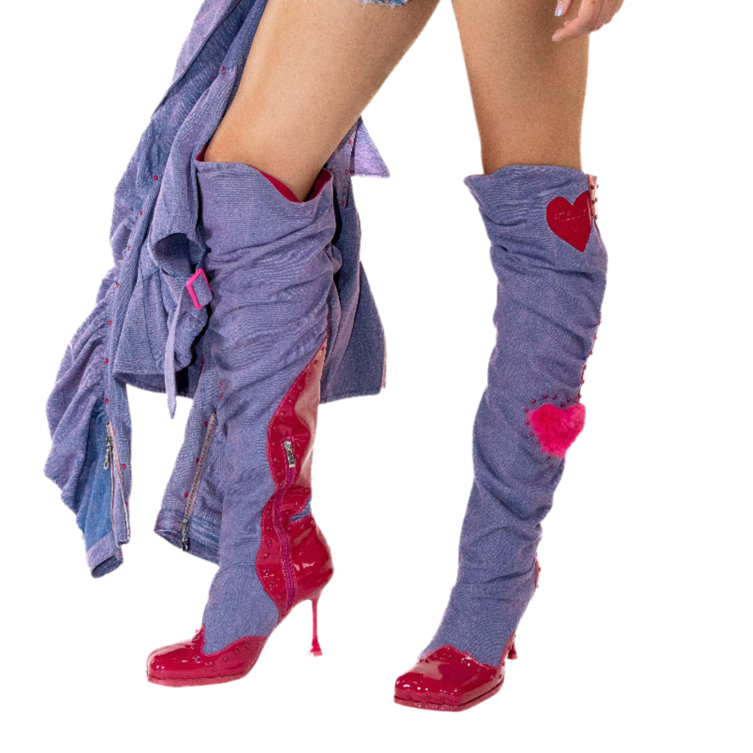 Purple Denim & Pink Leather Knee High Boots (5-15)