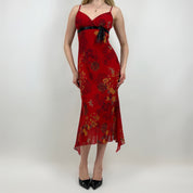 90s Red Floral Milkmaid Midi Dress (XS)