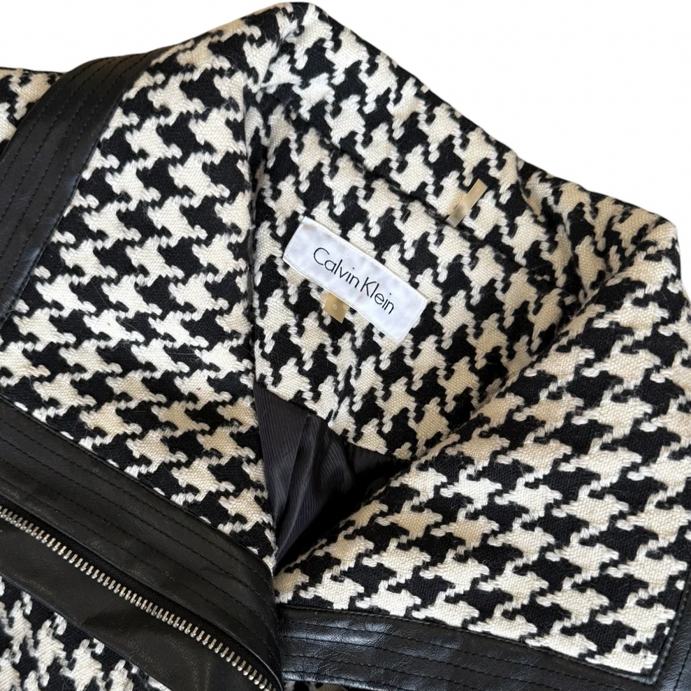 Calvin Klein Houndstooth Trench Coat With Leather Trim (M)