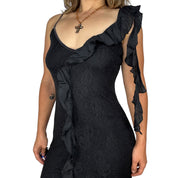 Vintage Black Lace Silk Ruffle Detail Midi Dress (M/L)