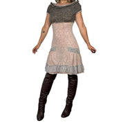 2000s French Knit Neutral Color Block Mini Dress (S/M)