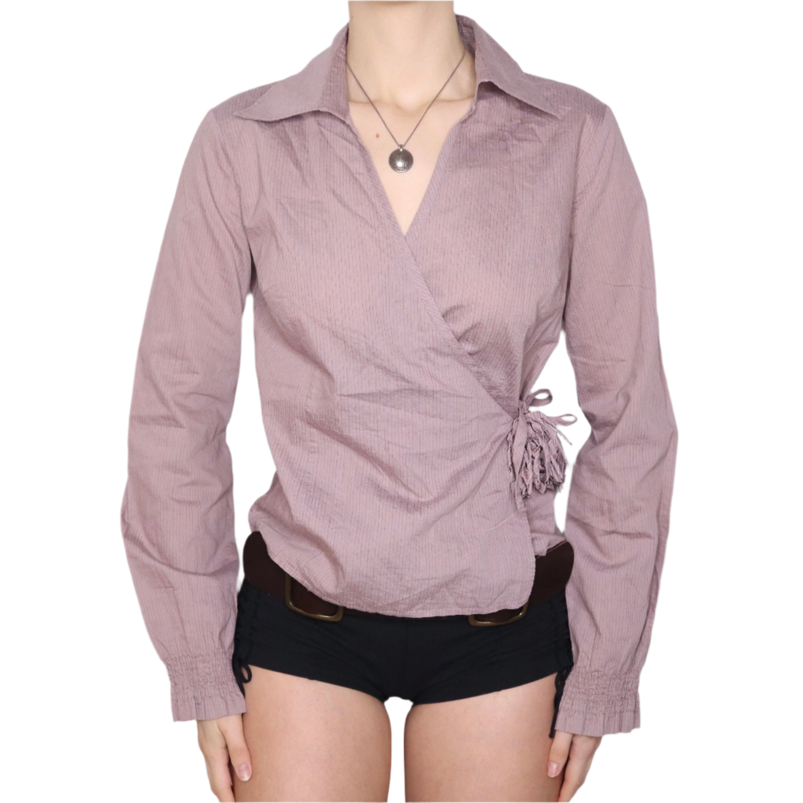 Y2K Pink Pinstripe Wrap Blouse (L)