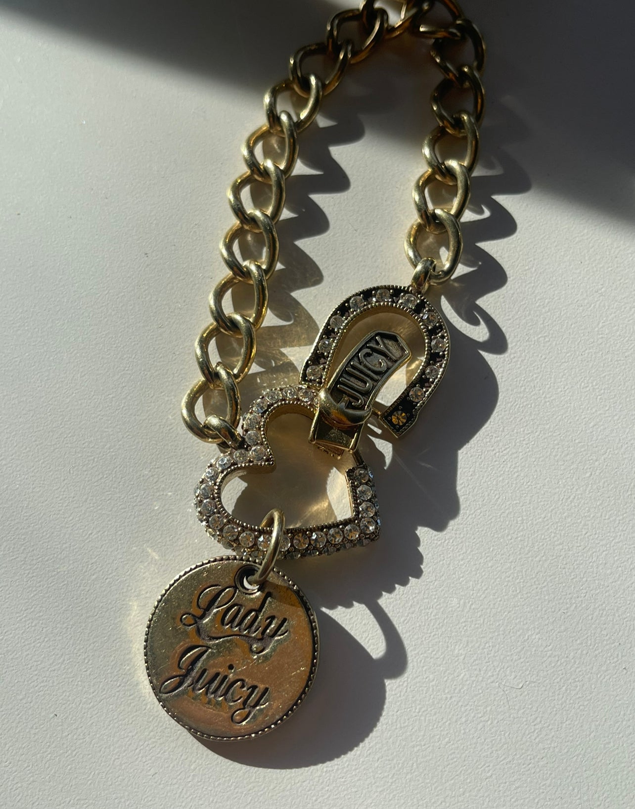 2000s Juicy Couture Gold Chain Bracelet with Rhinestone Heart & Horseshoe, Dangling Charm