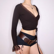 Y2K Italian Brown Lace Trim Wrap Top (S)