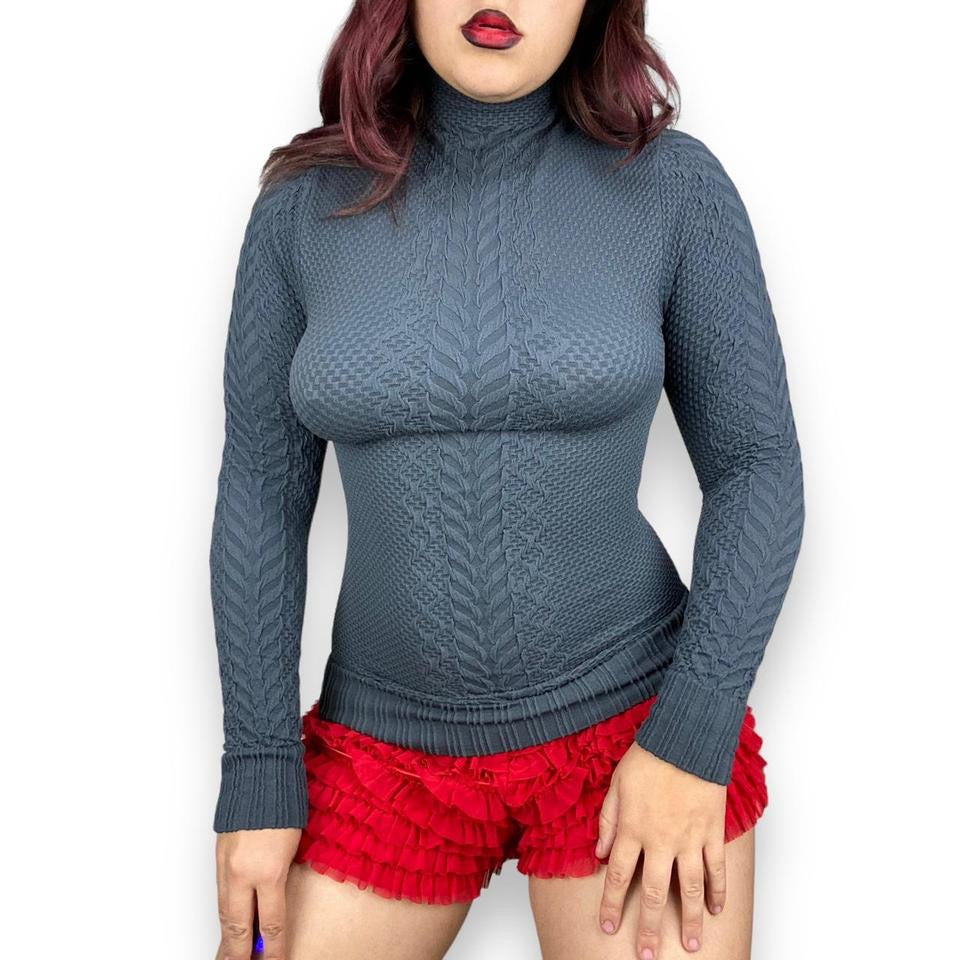 2000s Stretchy Slate Grey Turtleneck Top (S)