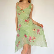 2000s Pastel Green Floral Flutter Midi Dress