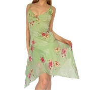 2000s Pastel Green Floral Flutter Midi Dress