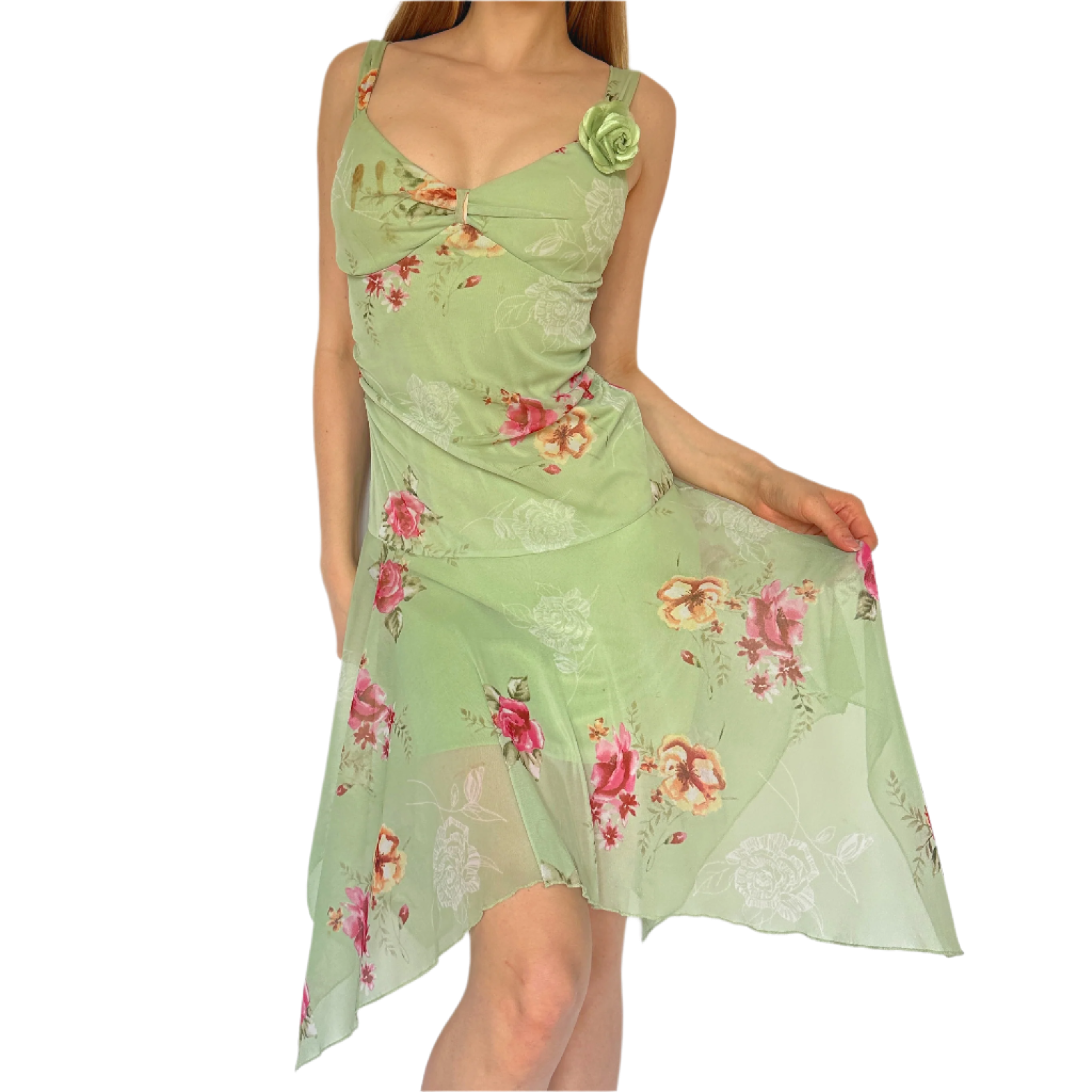 2000s Pastel Green Floral Flutter Midi Dress