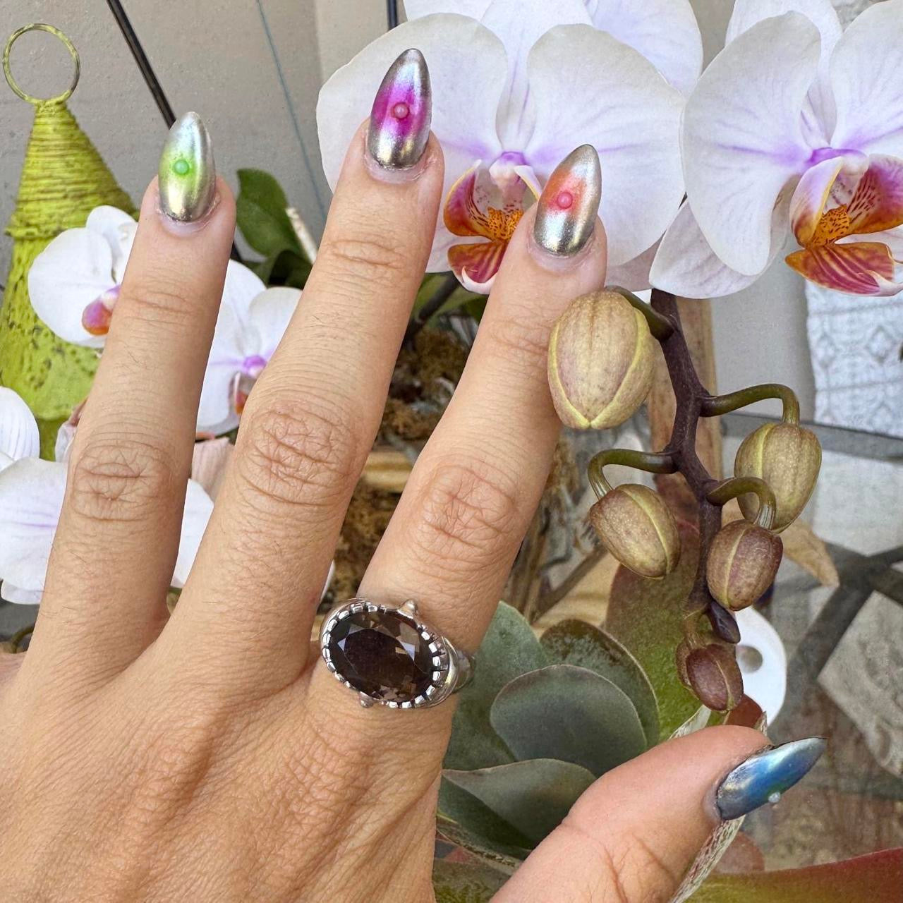 1960s Sterling Silver Smoky Quartz Ring (7.5)