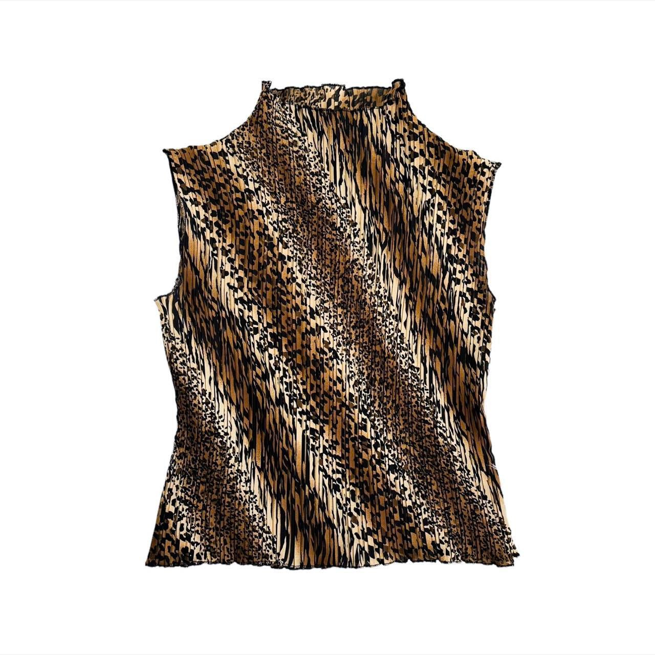 Y2K Pleated Chiffon Leopard Mock Neck (L)