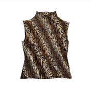 Y2K Pleated Chiffon Leopard Mock Neck (L)
