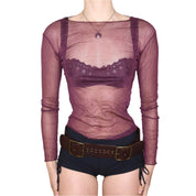 90s French Maroon Crinkle Mesh Long Sleeve Top (M)